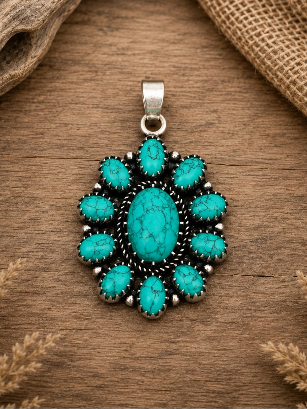 Turquoise Southwestern 925 Silver Cluster 1.5” Pendant